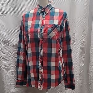 L.L. Bean Signature Shirt Men's Red Blue Checkered Plaid Button-Down Size Medium